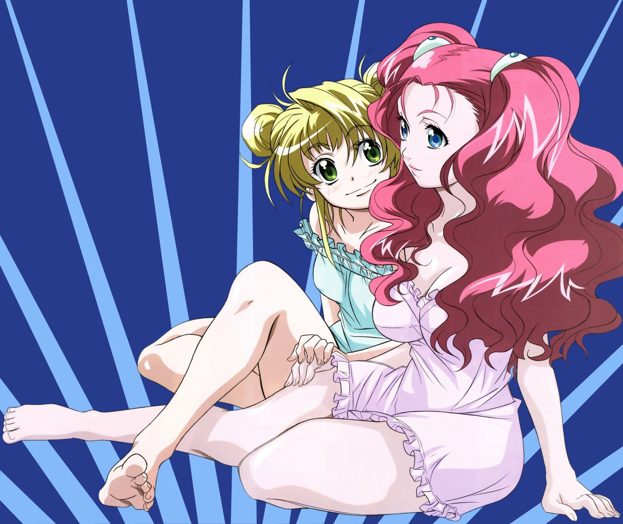 2girls, aeru, barefoot, blonde_hair, blue_eyes, breasts, cleavage, green_eyes