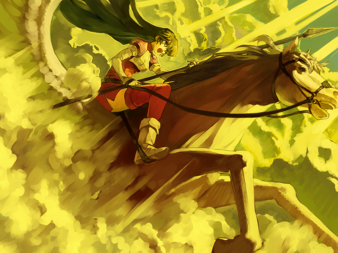 animal, armor, bob_(biyonbiyon), caeda_(fire_emblem), clouds, fire_emblem, horse, long_hair, pegasus, spear, weapon