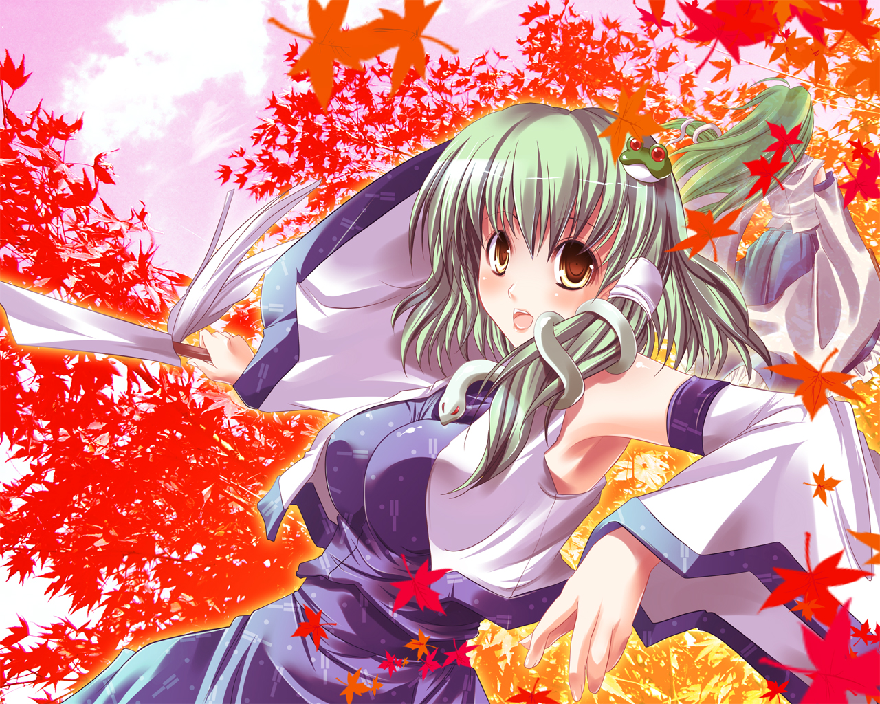 autumn, green_hair, japanese_clothes, knife, kochiya_sanae, leaves, long_hair, maki_(artist)