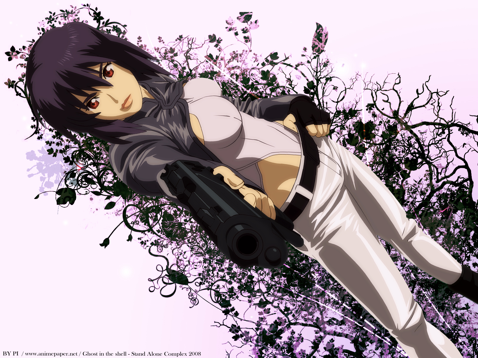 black_hair, brown_eyes, ghost_in_the_shell, ghost_in_the_shell:_stand_alone_complex, gloves, gun, kusanagi_motoko, leaves