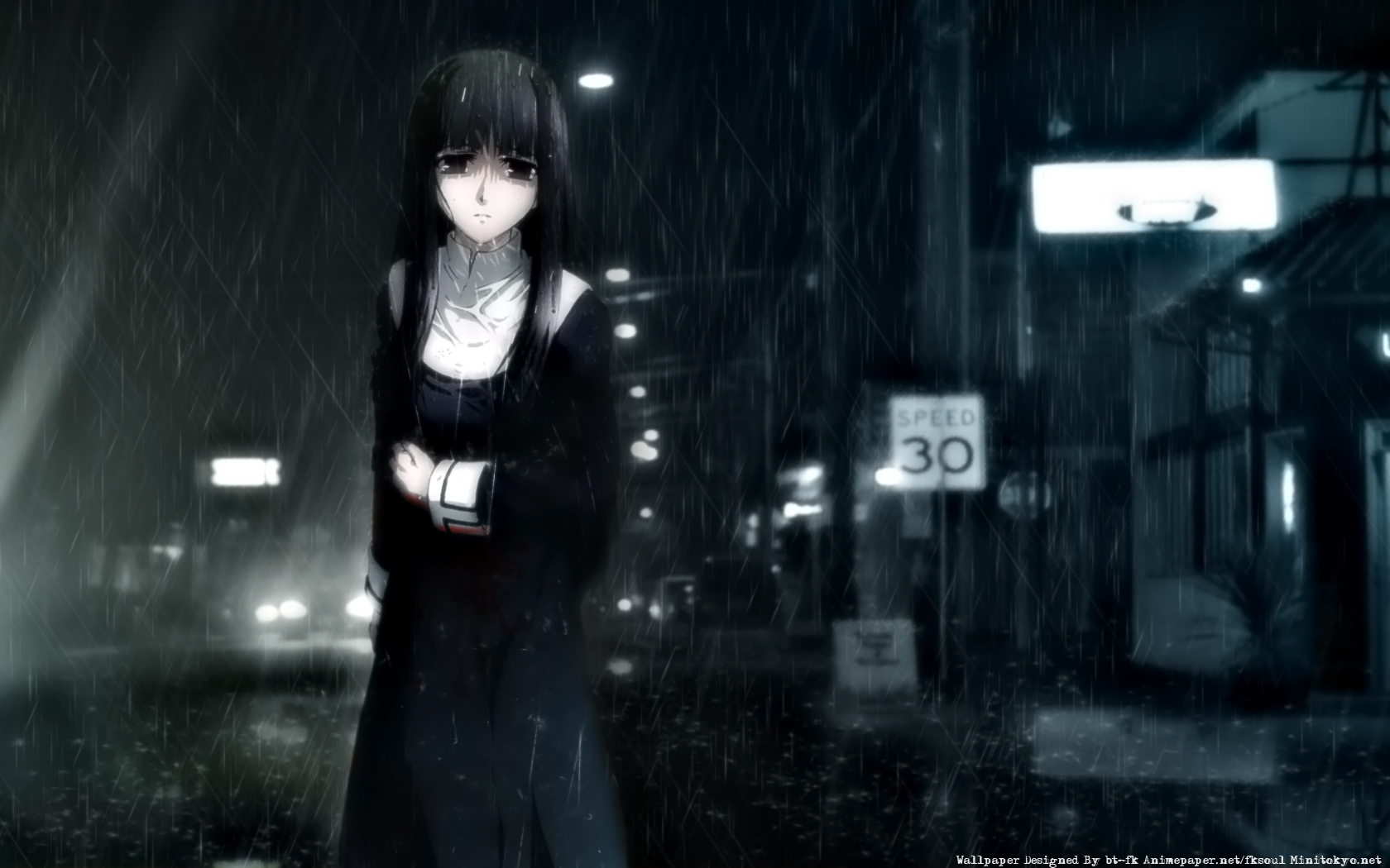 asagami_fujino, black_eyes, black_hair, dark, kara_no_kyoukai, nun, rain, signed, water, wet