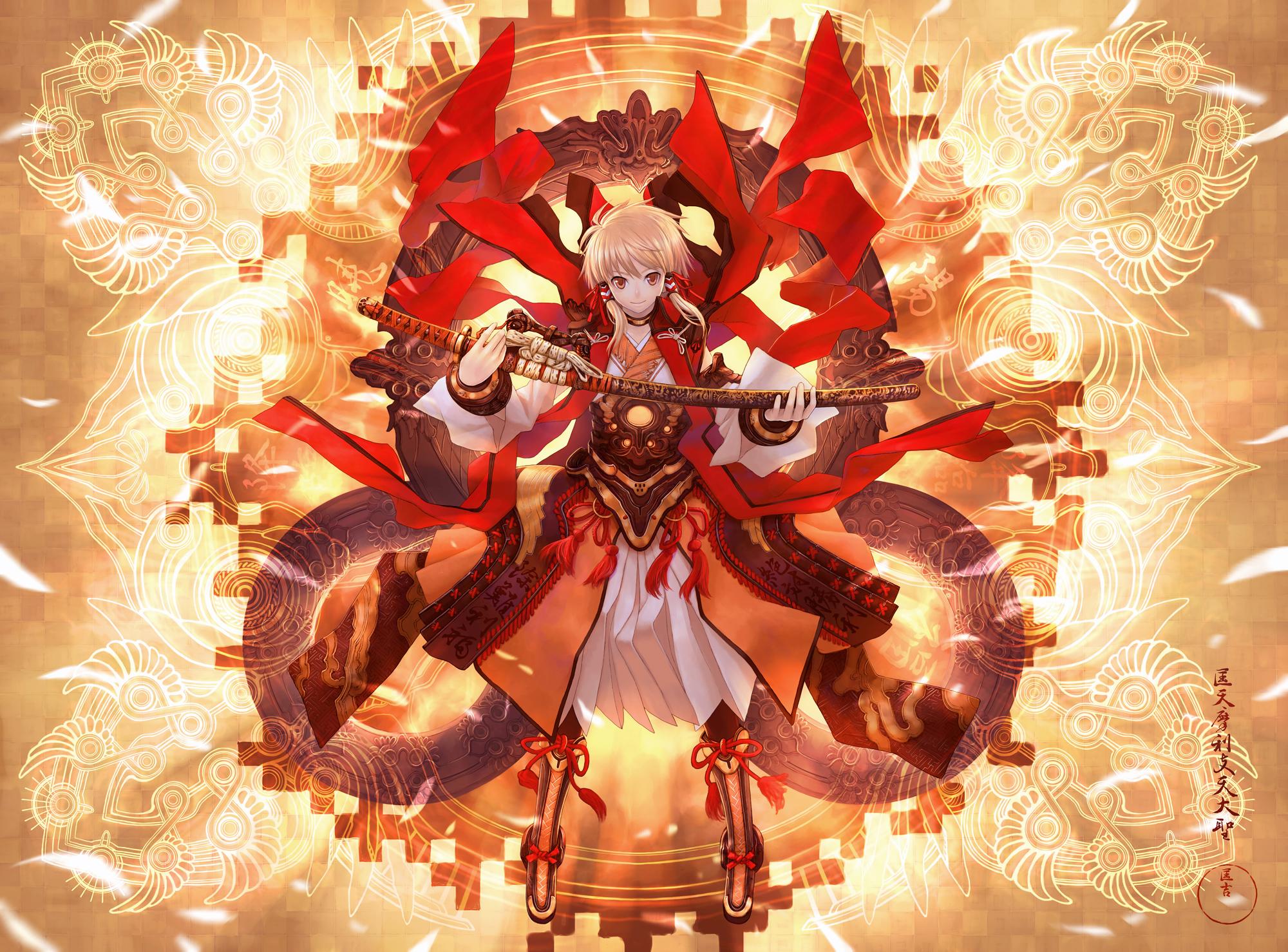 armor, blonde_hair, boots, brown_eyes, japanese_clothes, masakichi, original, petals