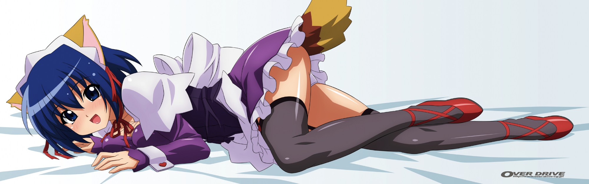 animal_ears, blue_eyes, blue_hair, catgirl, dualscreen, kokubunji_koyori, maid, nurse_witch_komugi-chan, over_drive, poyoyon_rokku, sugimura_tomokazu, thighhighs, wave_ride, white