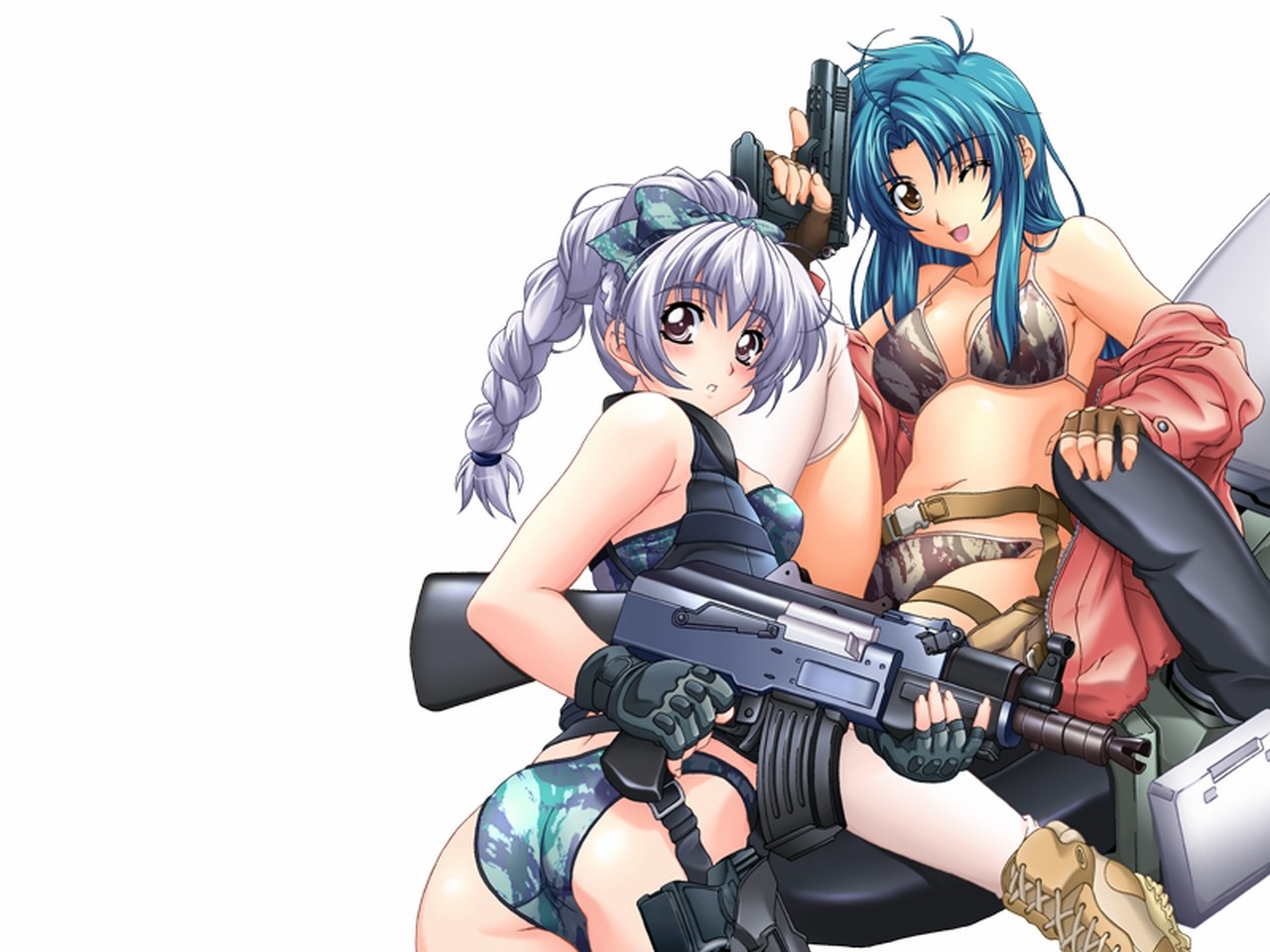 chidori_kaname, full_metal_panic, gun, nagayori, swimsuit, teletha_testarossa, weapon, white