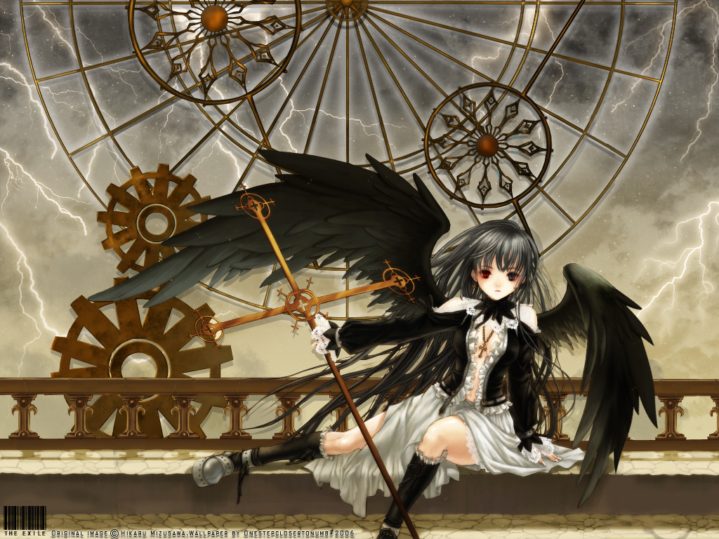 angel, bicolored_eyes, clouds, cross, dress, gray_hair, kneehighs, long_hair
