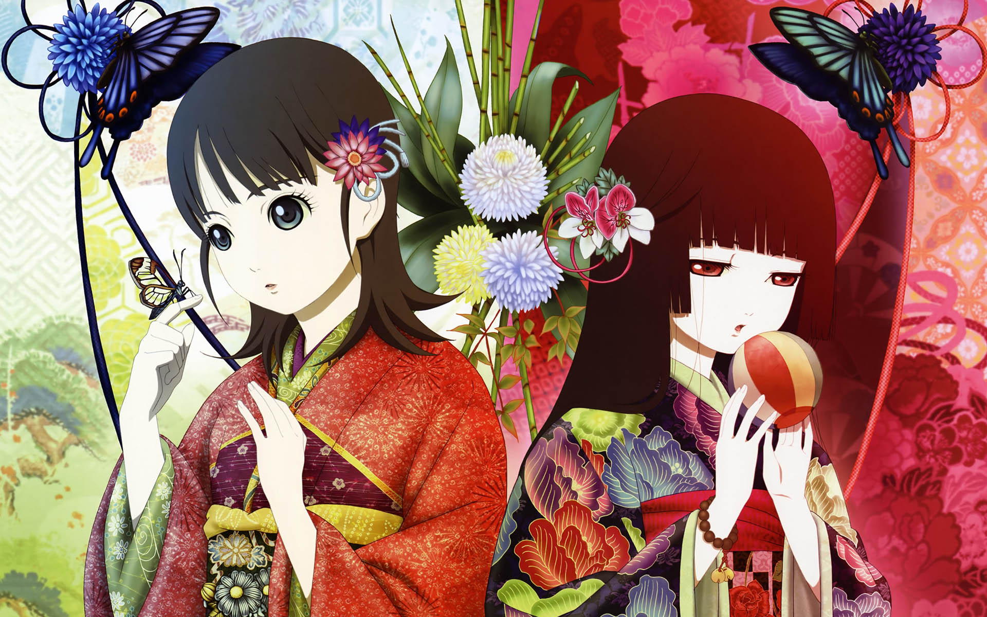 butterfly, enma_ai, japanese_clothes, jigoku_shoujo, mikage_yuzuki, oka_mariko, red_eyes