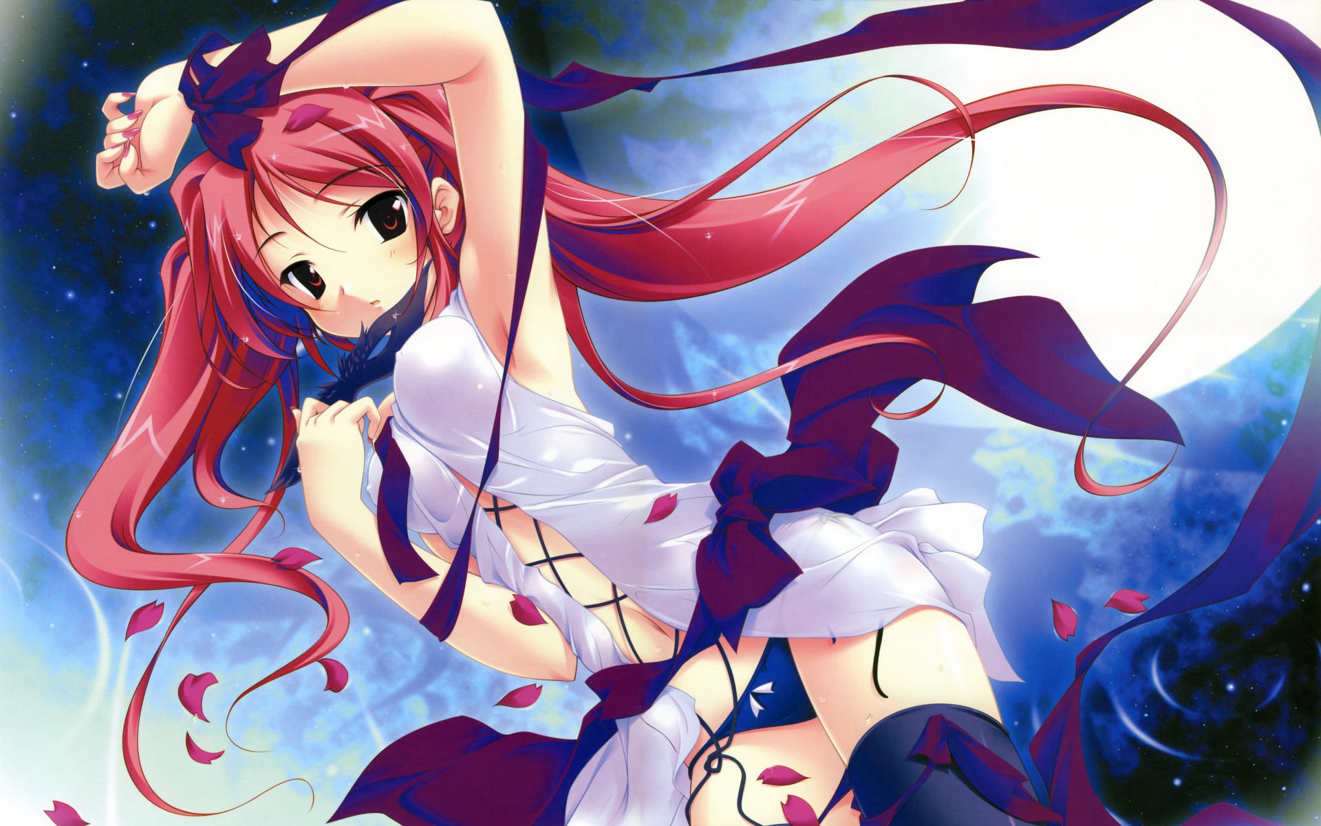 fujiwara_warawara, haruka_ni_aogi_uruwashi_no, long_hair, nire_sumika, panties, petals, pink_hair, red_eyes, ribbons, thighhighs, underwear