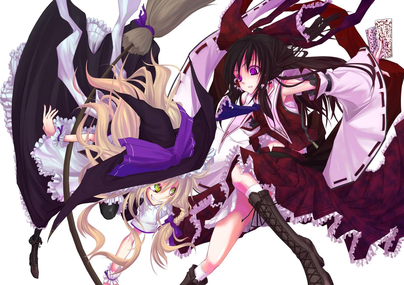 2girls, beshi, dress, green_eyes, hakurei_reimu, hat, japanese_clothes, kirisame_marisa