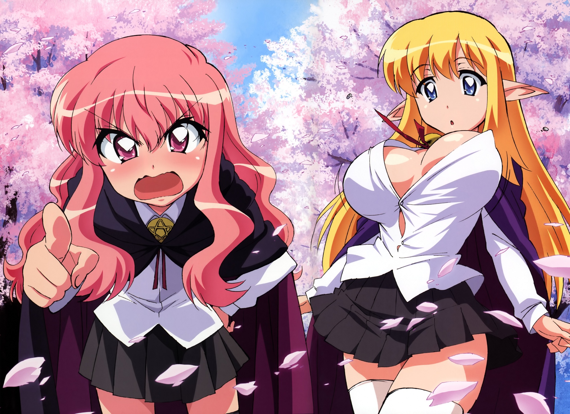 breasts, cleavage, louise_françoise_le_blanc_de_la_vallière, no_bra, open_shirt, pointed_ears, tiffania_westwood, zero_no_tsukaima