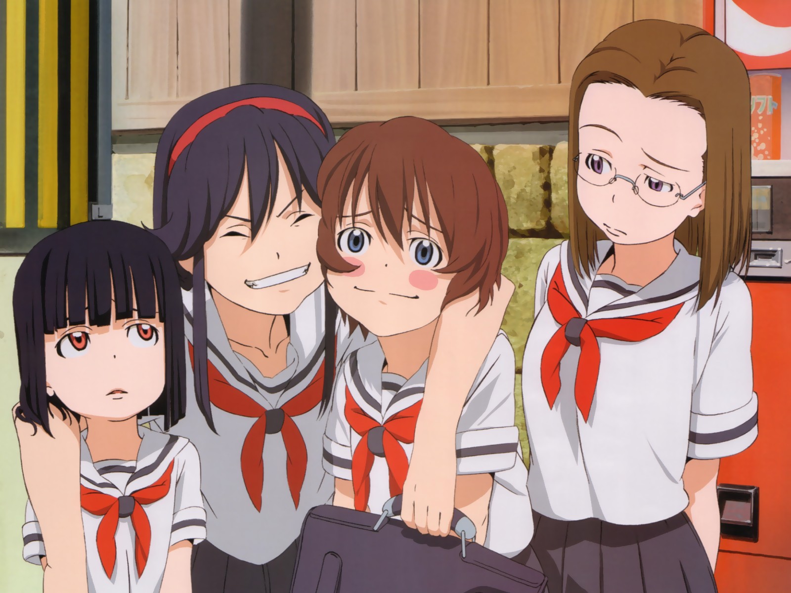 glasses, hitotsubashi_yurie, kamichu, saegusa_matsuri, saegusa_miko, school_uniform, shijou_mitsue
