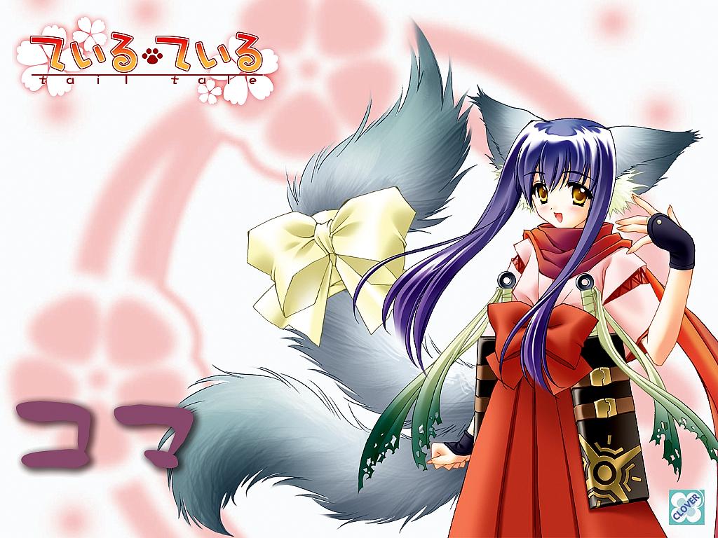 animal_ears, blush, clover_(company), foxgirl, gloves, japanese_clothes, koma_(tail_tale), logo