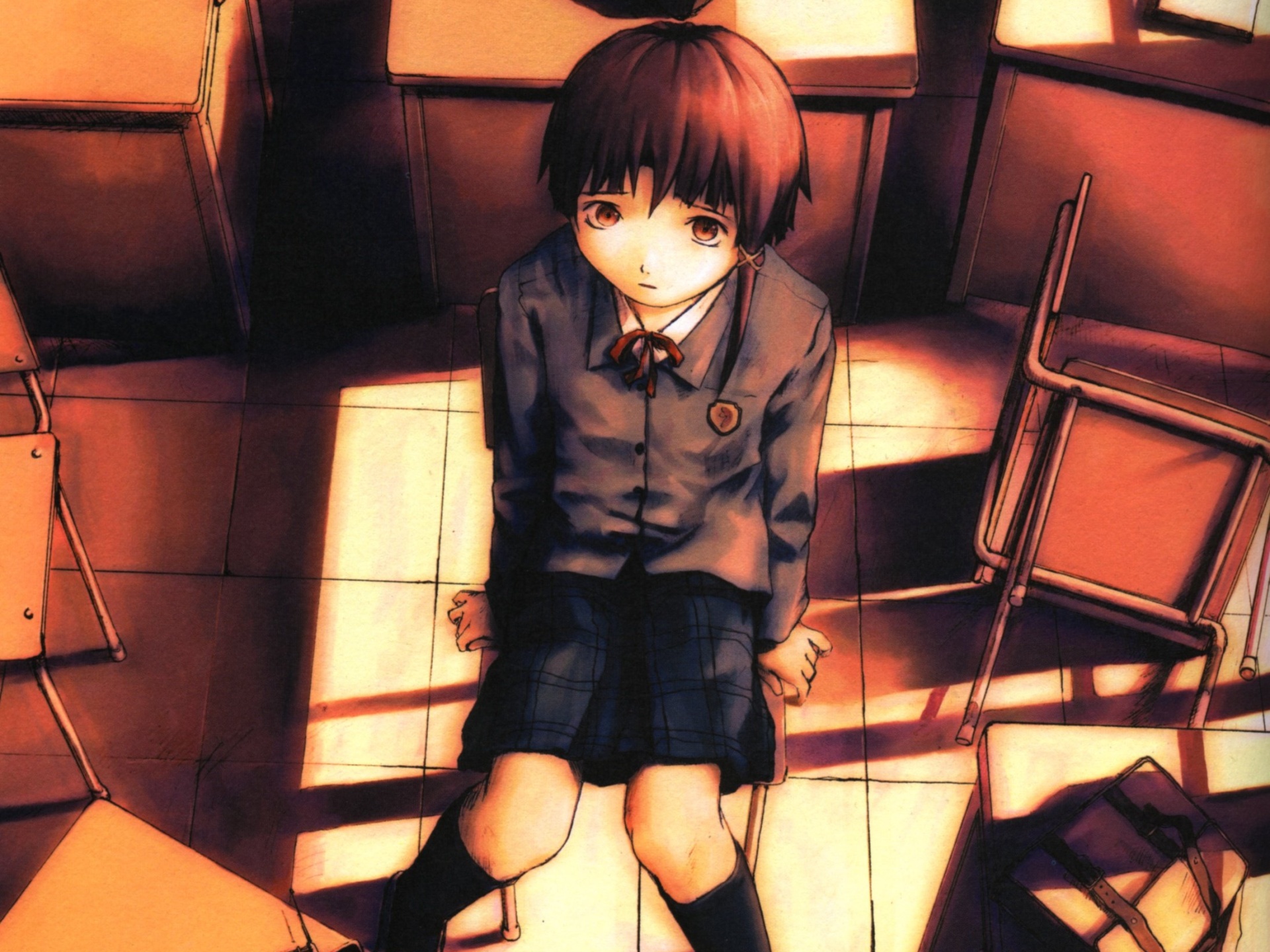 abe_yoshitoshi, brown_eyes, brown_hair, iwakura_lain, kneehighs, polychromatic, school_uniform, serial_experiments_lain
