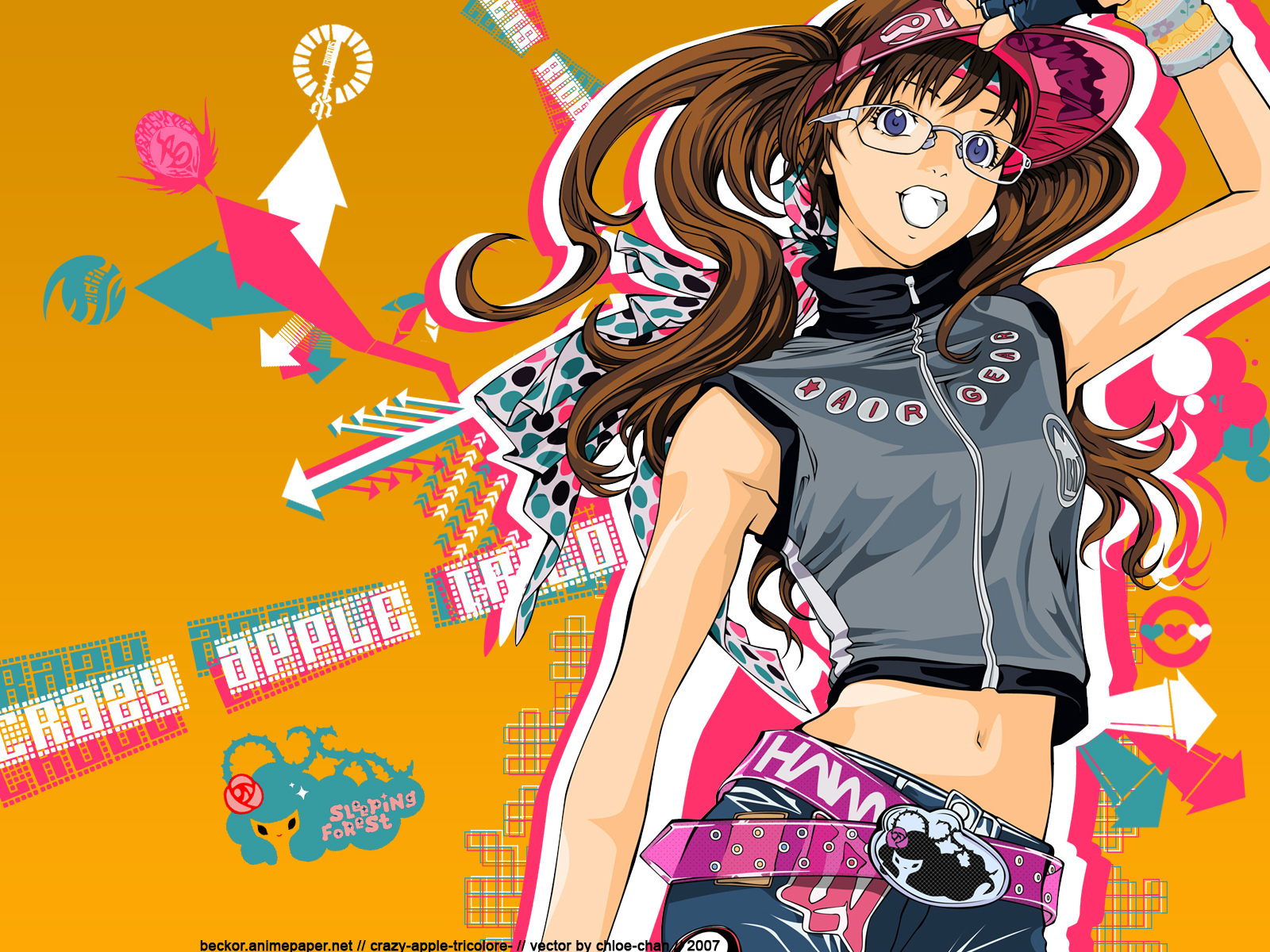 air_gear, blue_eyes, brown_hair, glasses, hat, long_hair, navel, noyamano_ringo