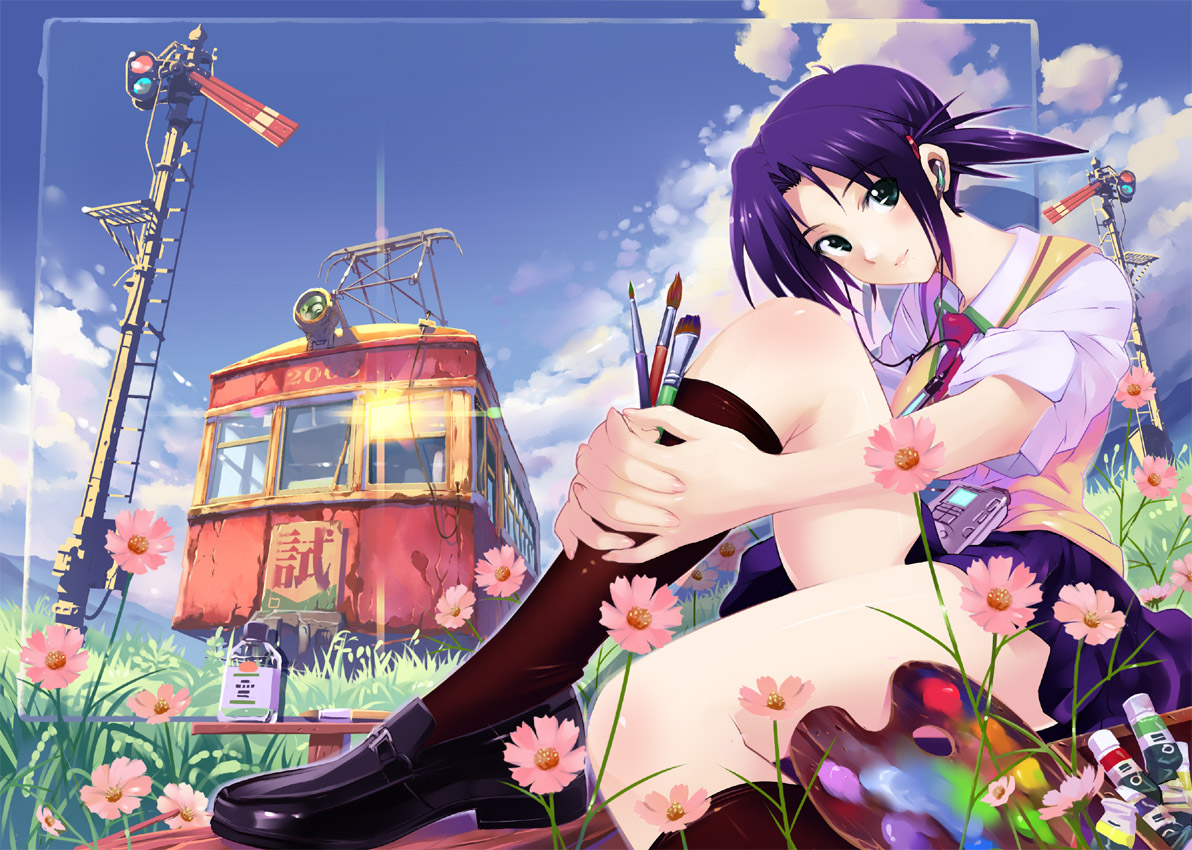 clouds, flowers, green_eyes, kneehighs, original, purple_hair, school_uniform, skirt