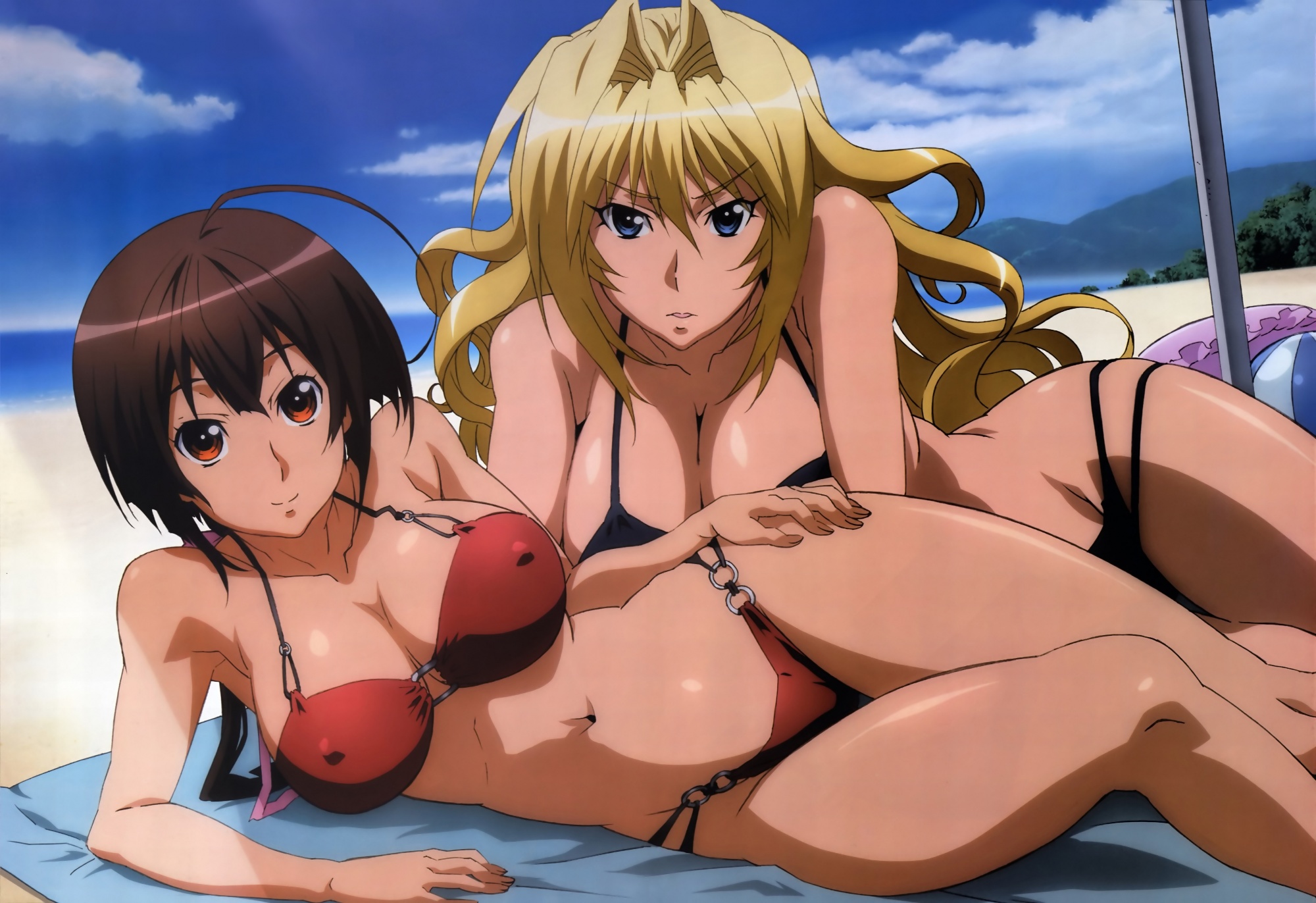 2girls, beach, bikini, breasts, cleavage, erect_nipples, musubi, sekirei