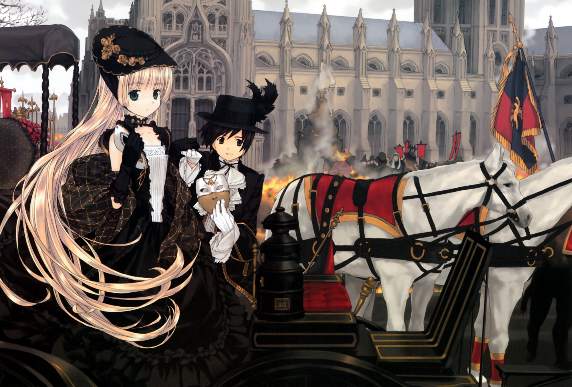 animal, blonde_hair, dress, gosick, hat, kujou_kazuya, long_hair, mask, takeda_hinata, victorique_de_broix