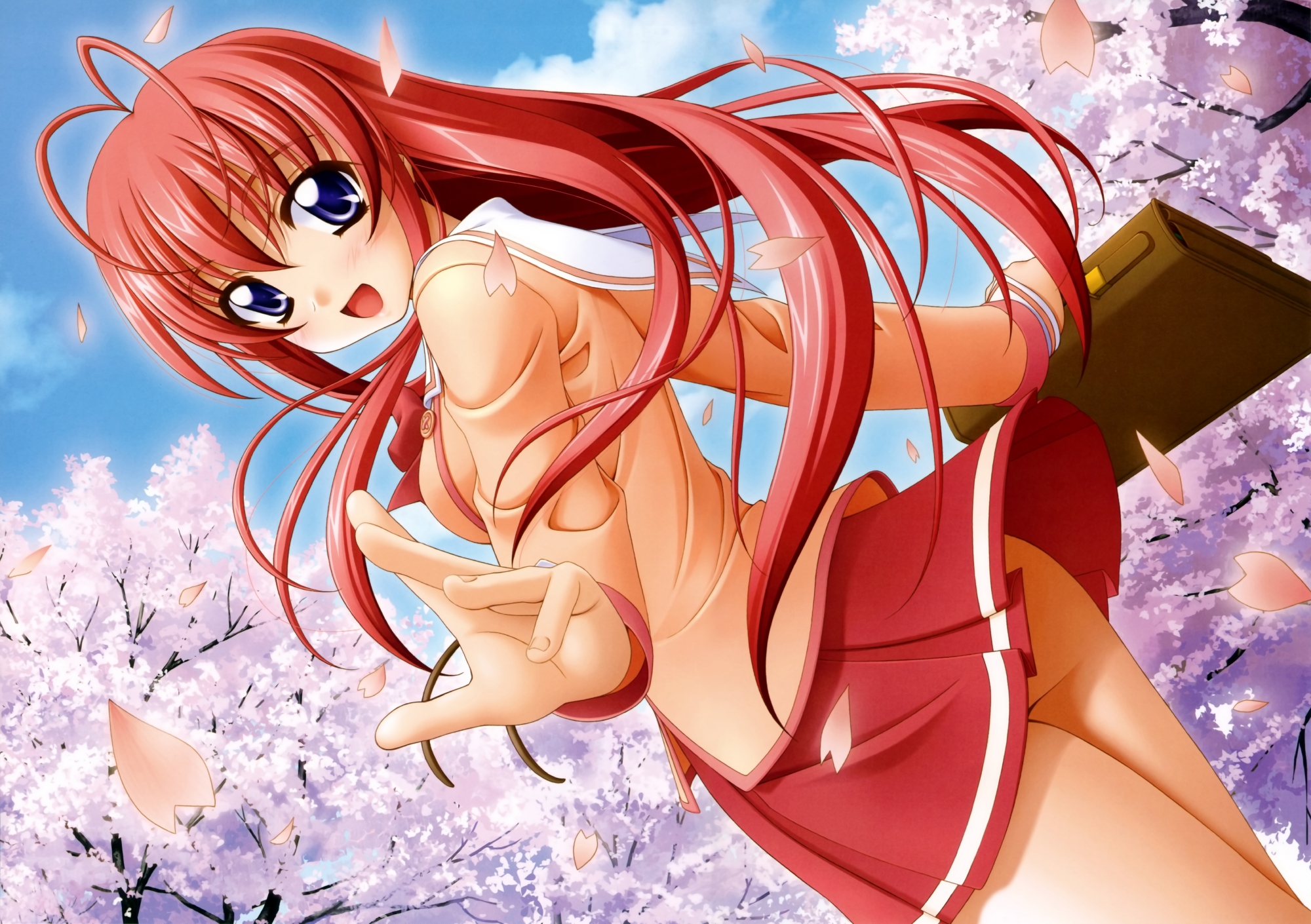 ass, blue_eyes, blush, cherry_blossoms, clouds, examinator, flowers, hori_ayaka, long_hair, nopan, petals, pink_hair, school_uniform, sin-go, skirt, skirt_lift, sky, tagme, tree