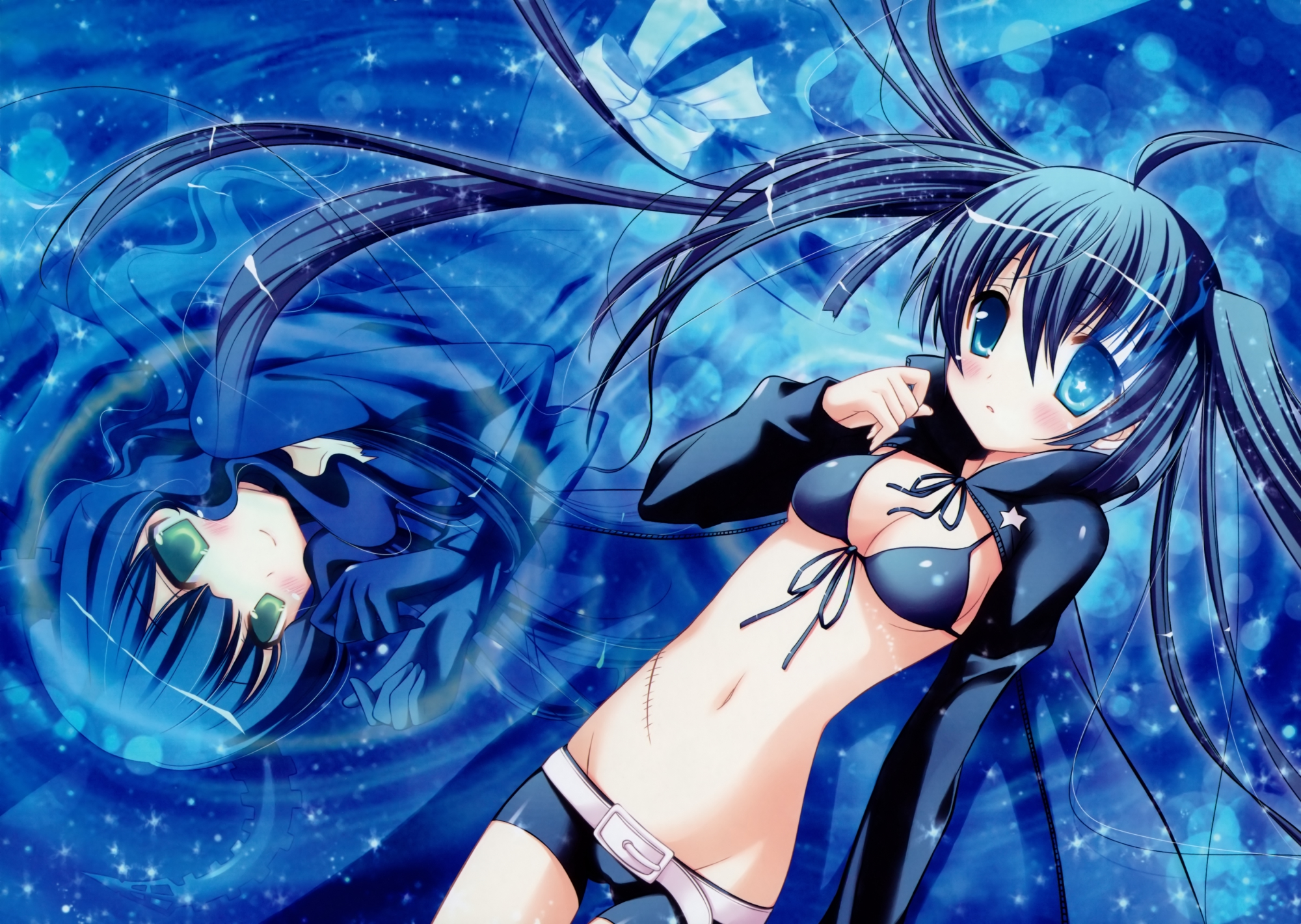 black_rock_shooter, blue, blue_eyes, blue_hair, inugahora_an, kuroi_mato, scan, takanashi_yomi, twintails