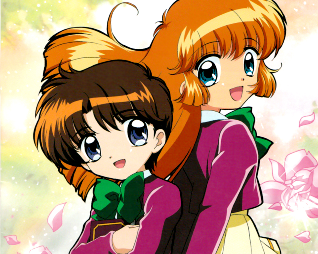 aqua_eyes, blue_eyes, book, brown_hair, haneoka_meimi, kamikaze_kaitou_jeanne, long_hair, mimori_seira, orange_hair, school_uniform, short_hair