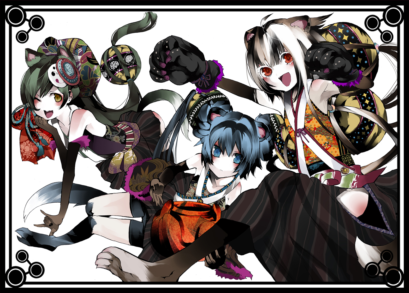 animal_ears, blue_eyes, blue_hair, catgirl, elbow_gloves, gloves, green_hair, long_hair, original, palmeros, pixiv_fantasia, red_eyes, skirt, tail, twintails, white_hair, wink, yellow_eyes