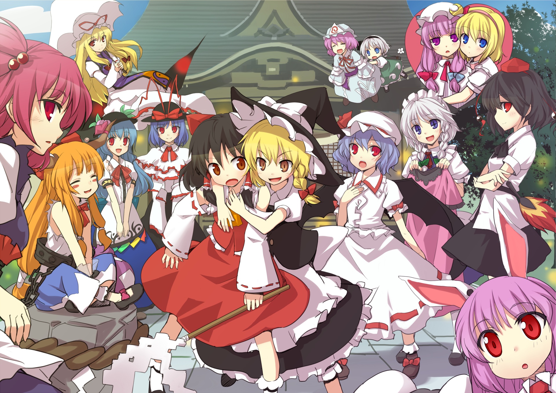 alice_margatroid, animal_ears, bunny_ears, bunnygirl, doriruman, dress, group, hakurei_reimu, hat, hinanawi_tenshi, ibuki_suika, inaba_tewi, izayoi_sakuya, japanese_clothes, kirisame_marisa, konpaku_youmu, mage, maid, miko, nagae_iku, onozuka_komachi, patchouli_knowledge, red_eyes, reisen_udongein_inaba, remilia_scarlet, saigyouji_yuyuko, shameimaru_aya, touhou, vampire, witch, yakumo_yukari