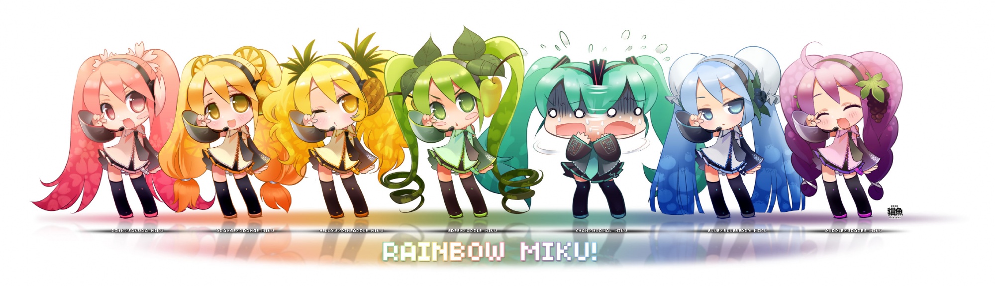 chibi, dualscreen, flowers, food, fruit, hatsune_miku, neko_sakana, rainbow