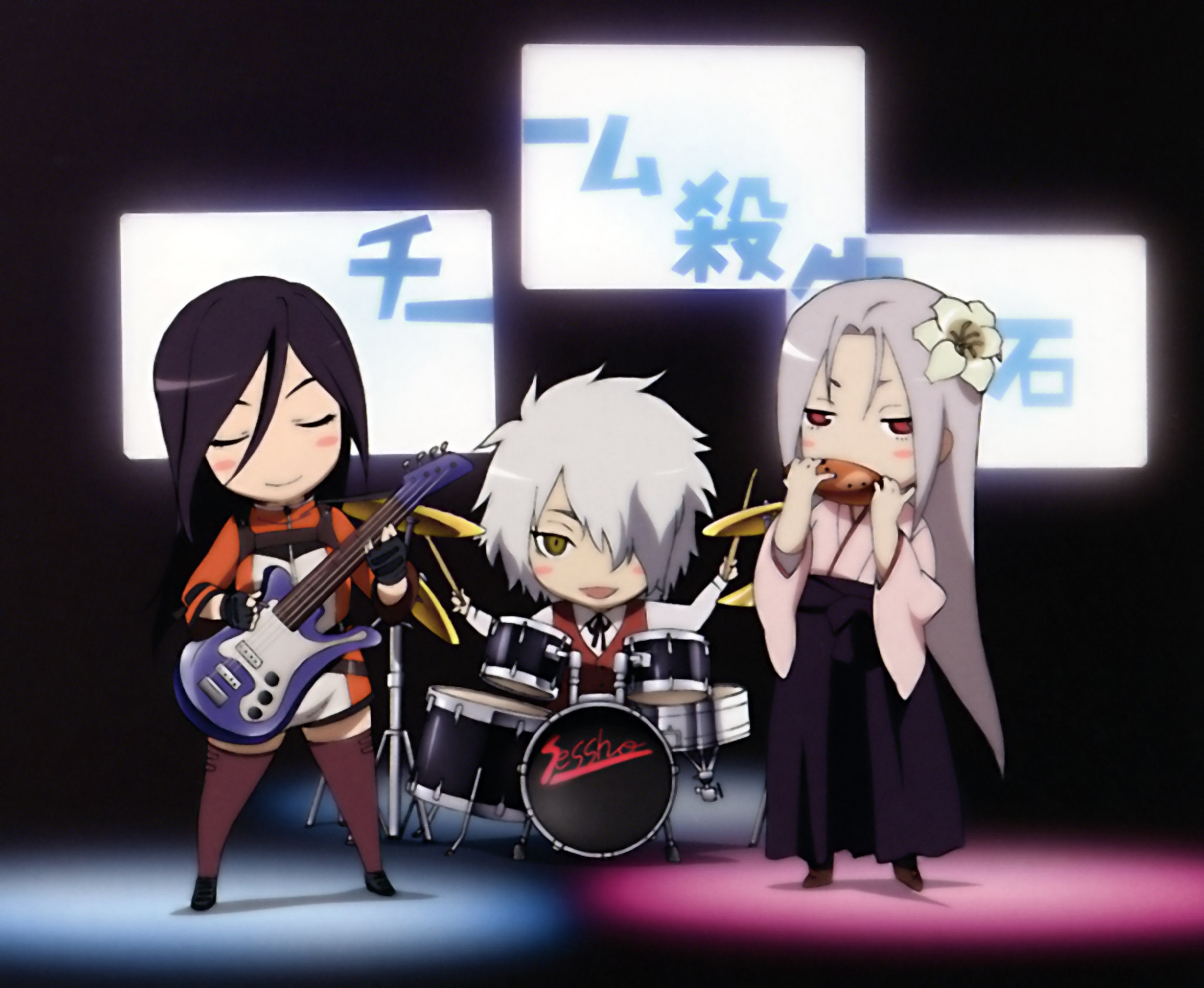 chibi, ga-rei_zero, guitar, instrument, isayama_mei, jinguuji_ayame, kasuga_natsuki
