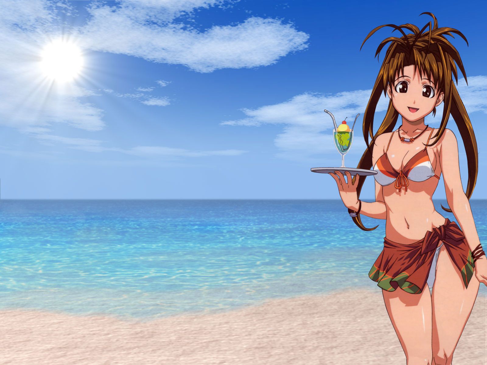 beach, bikini, brown_eyes, brown_hair, love_hina, narusegawa_naru, navel, swimsuit