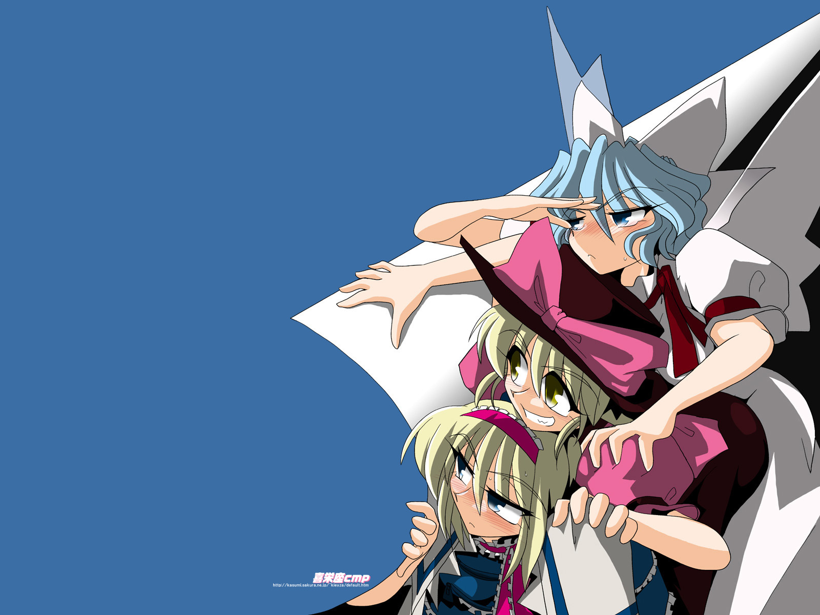 alice_margatroid, blonde_hair, blue, blue_eyes, blue_hair, hat, kiezya, mai_(touhou), ribbons, touhou, wings, yellow_eyes, yuki_(touhou)