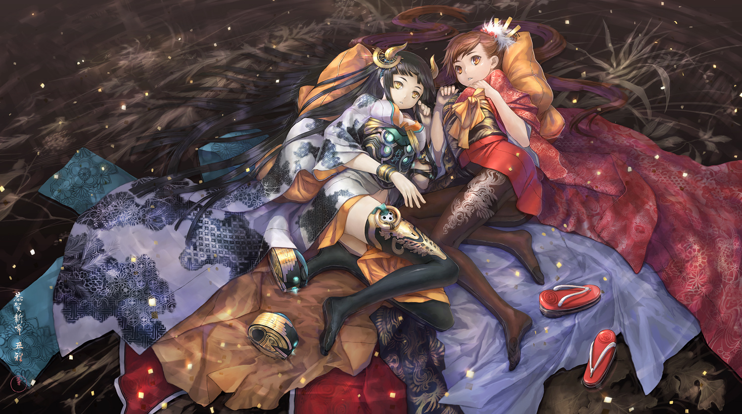 2girls, black_hair, brown_eyes, brown_hair, horns, japanese_clothes, kimono, long_hair, masakichi, orange_eyes, original, pantyhose, thighhighs, water, yellow_eyes