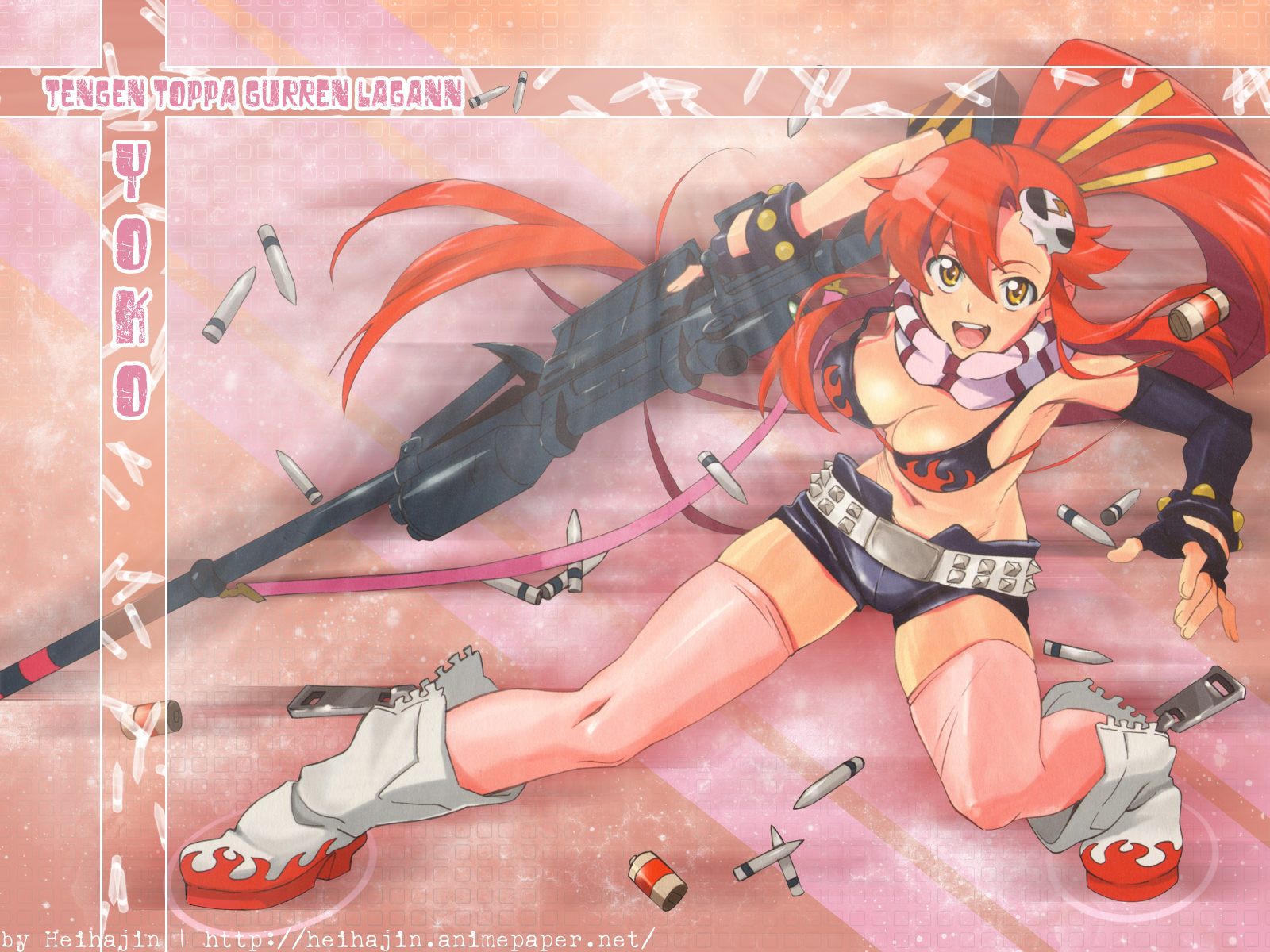 bikini_top, boots, breasts, cleavage, gloves, gun, long_hair, navel, nishigori_atsushi, ponytail, red_hair, signed, tengen_toppa_gurren_lagann, thighhighs, weapon, yellow_eyes, yoko_littner