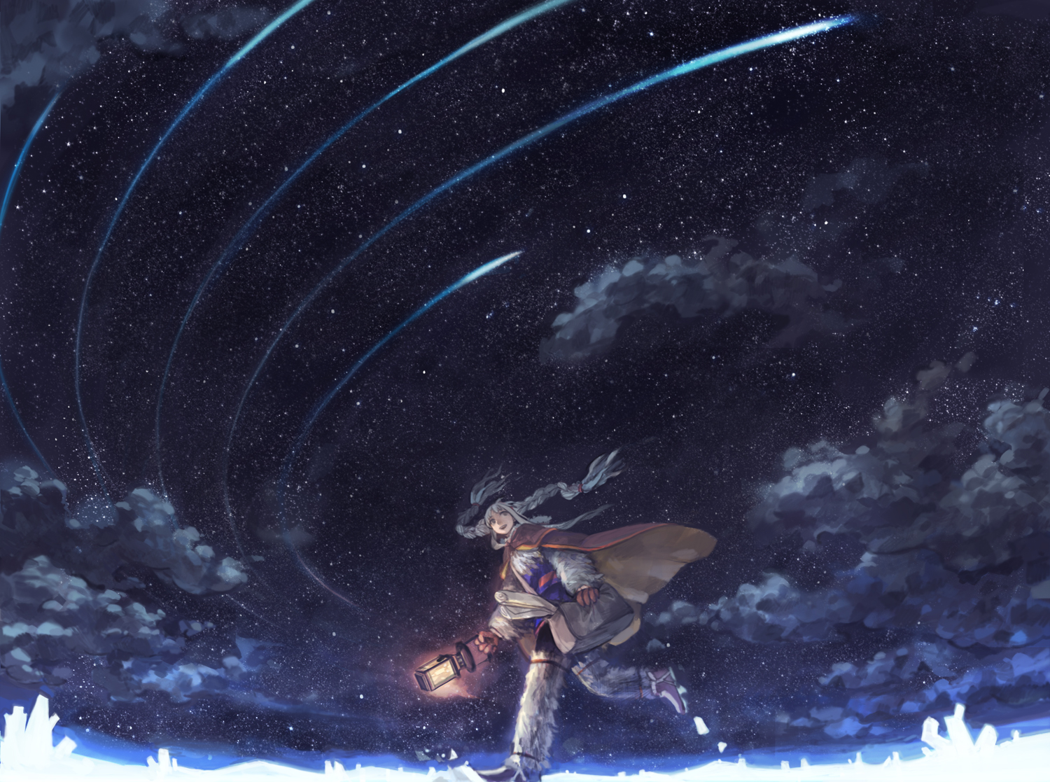 clouds, night, shimetta_oshime, sky, snow, stars, white_hair