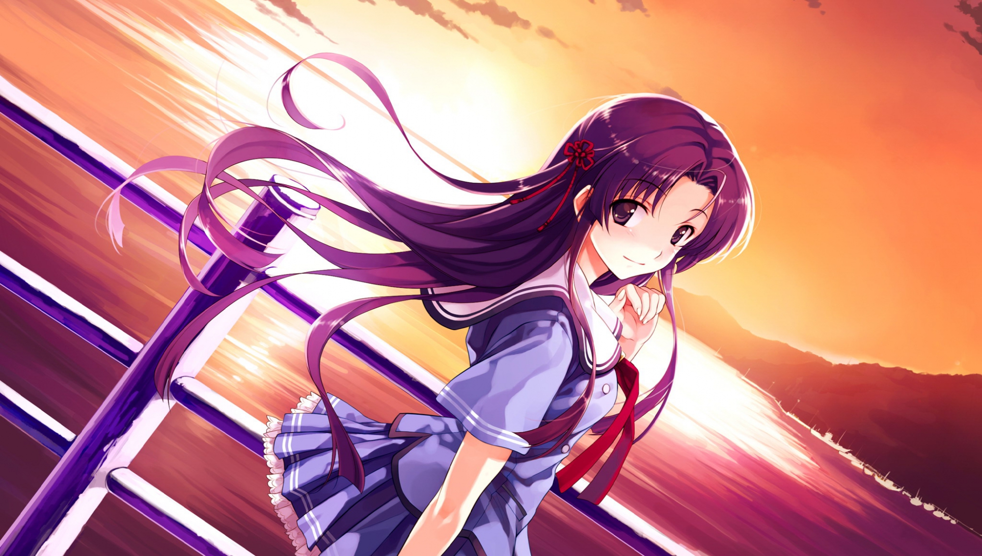 abhar, deep_blue_sky_&_pure_white_wings, koga_sayoko, misaki_kurehito, school_uniform, sunset, water