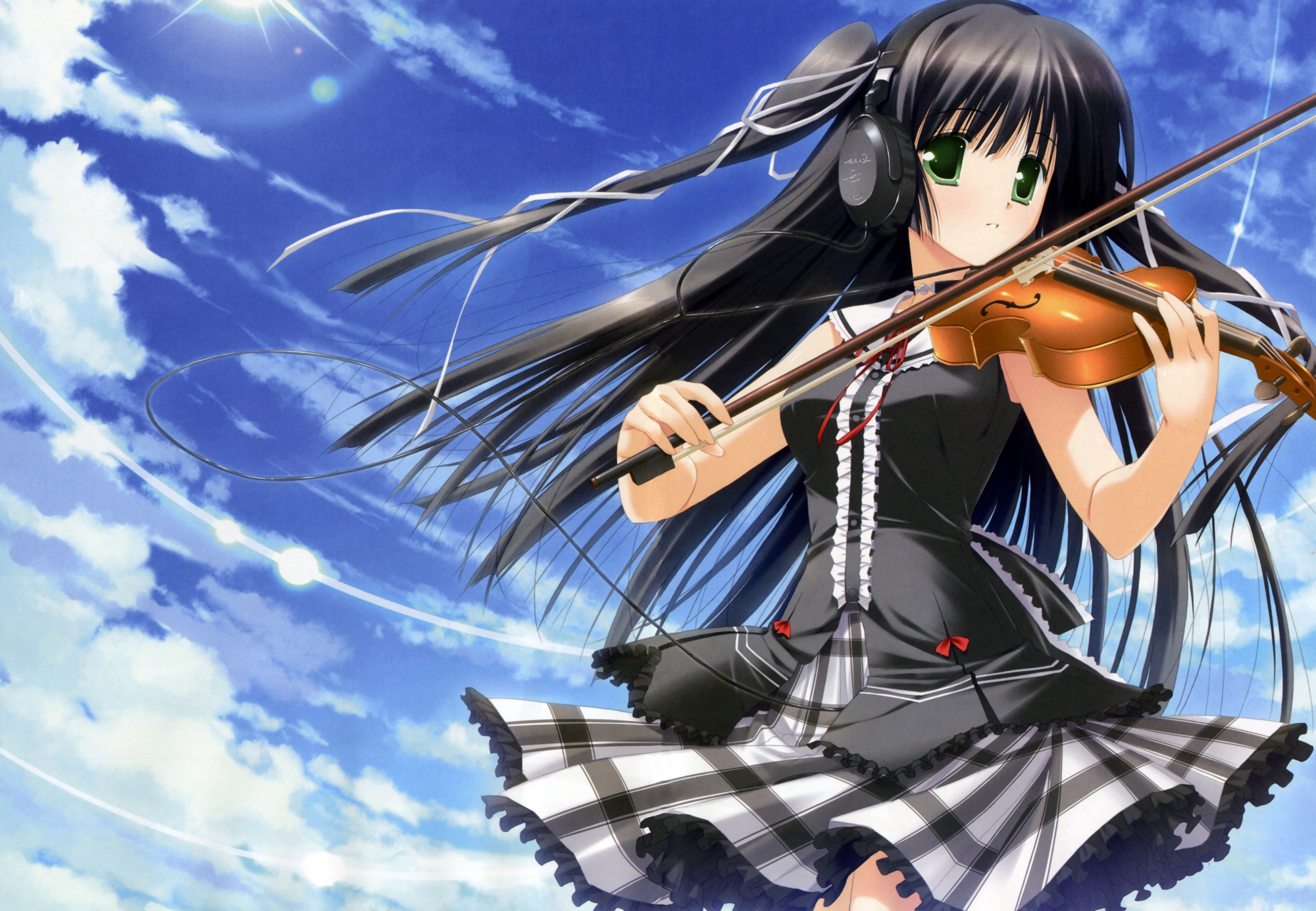headphones, instrument, minna_no_uta, sakaki_maki, scan, skirt, sky, violin