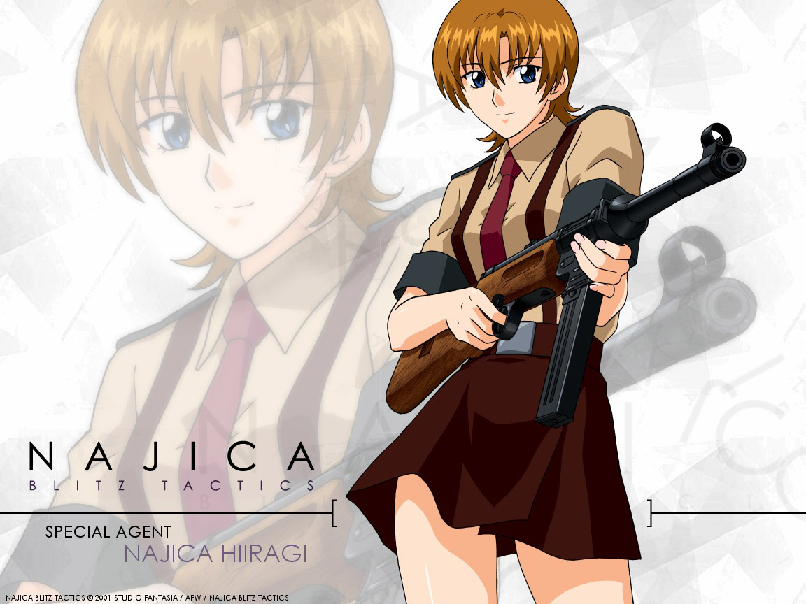 blue_eyes, gun, hiiragi_najica, najica_blitz_tactics, tie, weapon