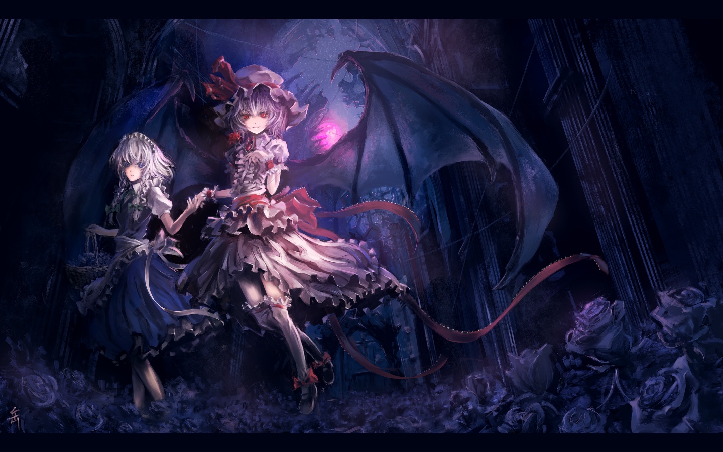 2girls, archlich, blue_eyes, bow, building, dress, flowers, headdress
