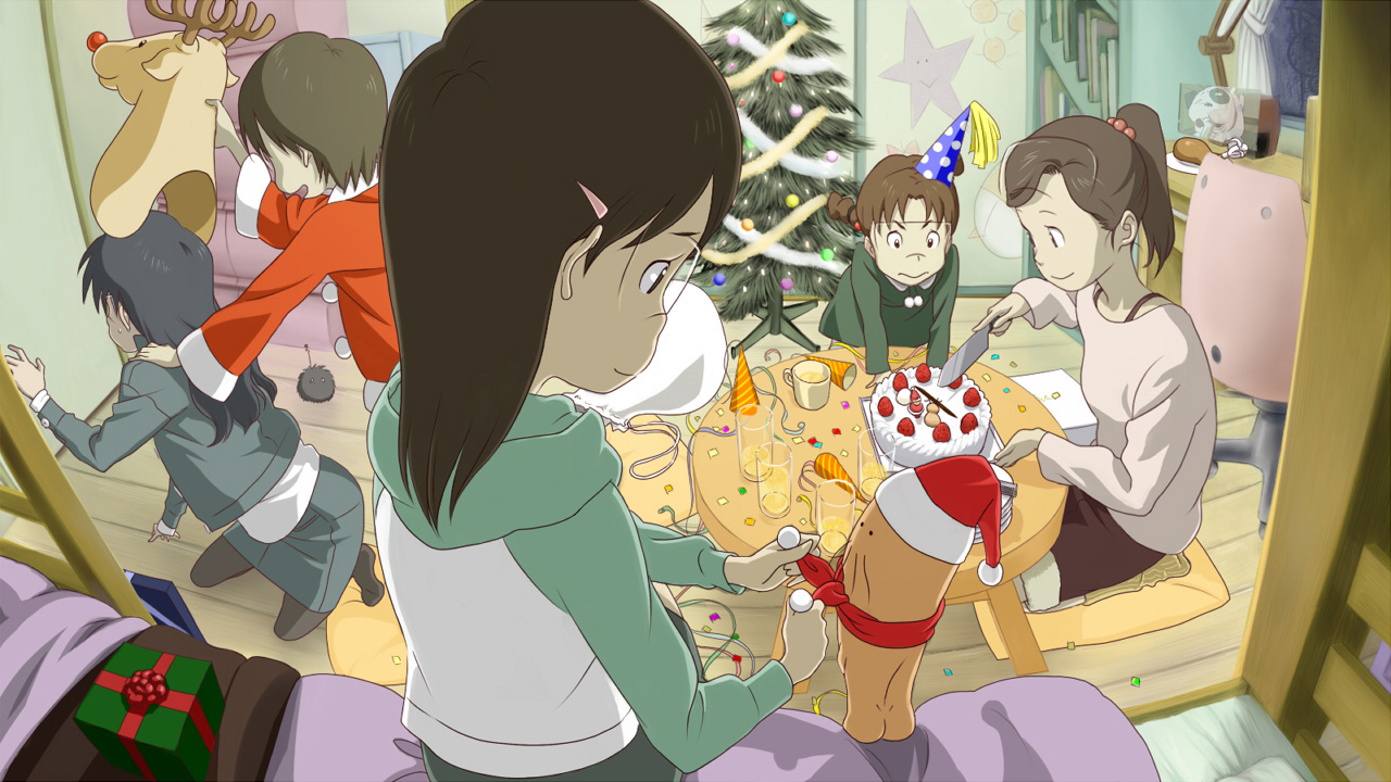 amasawa_yuko, black_hair, brown_hair, cake, christmas, dennou_coil, food, group, hashimoto_fumie, hat, okonogi_kyouko, okonogi_yuko, oyaji, ponytail, santa_hat, tree