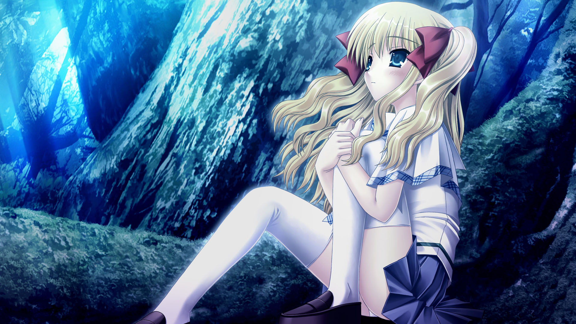 asuka_pyon, blonde_hair, blue_eyes, blush, bow, claire_(sin_kuro), forest, jpeg_artifacts, long_hair, panties, school_uniform, sin_kuro_to_kiiro_no_shoujo, skirt, thighhighs, tree, twintails, underwear
