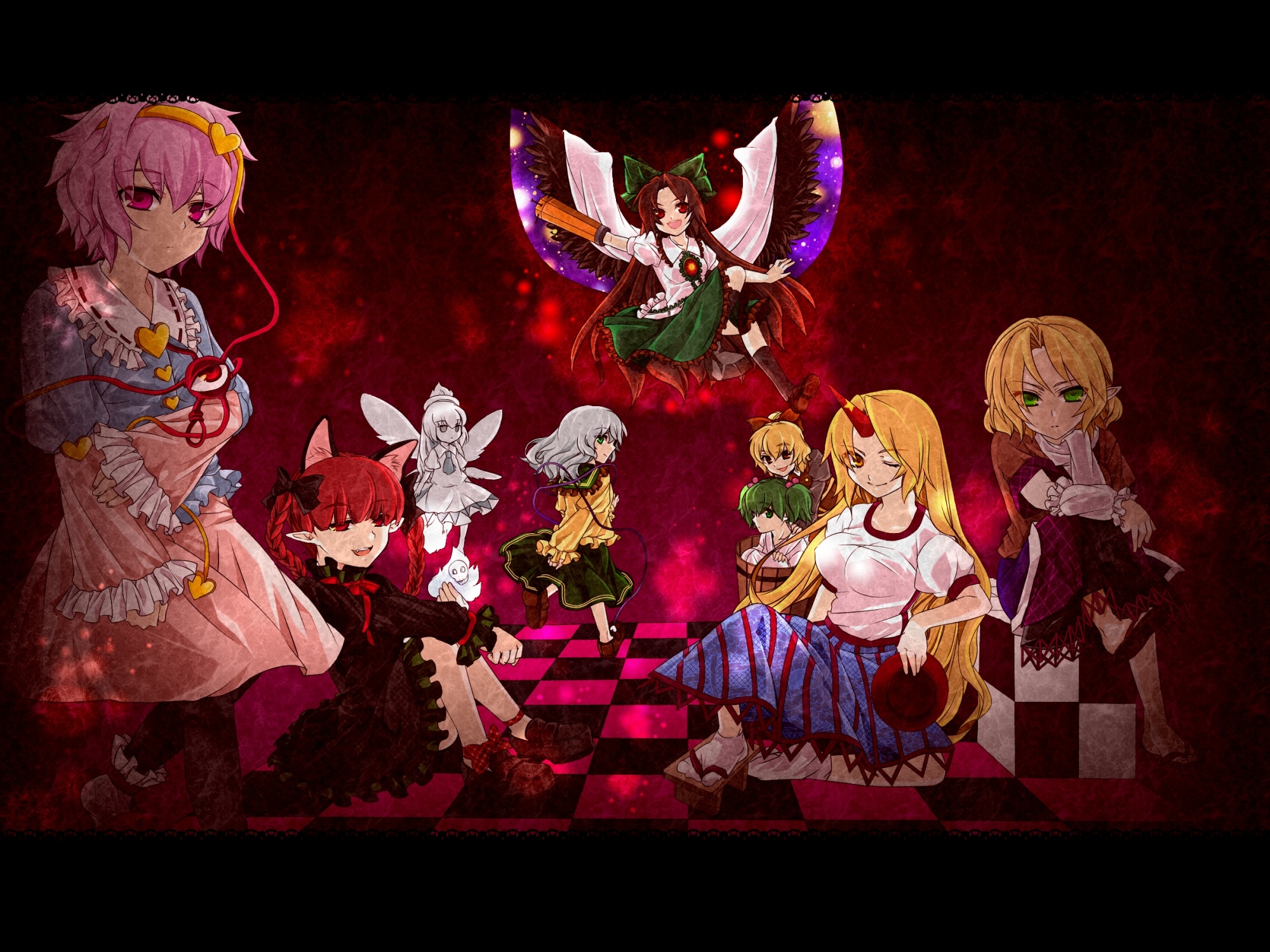 animal_ears, catgirl, group, hoshiguma_yuugi, kaenbyou_rin, kisume, komeiji_koishi, komeiji_satori, kurodani_yamame, mizuhashi_parsee, n-mix, pointed_ears, reiuji_utsuho, touhou