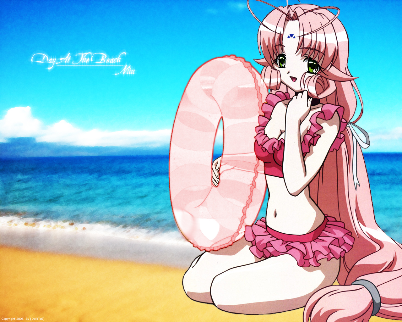 beach, dears, green_eyes, long_hair, miu_(dears), pink_hair