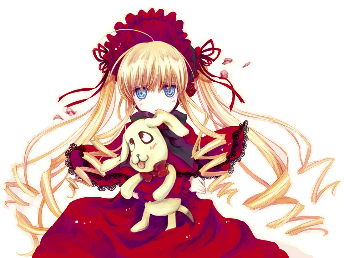 animal, blonde_hair, blue_eyes, cradle, dog, doll, dress, kunkun