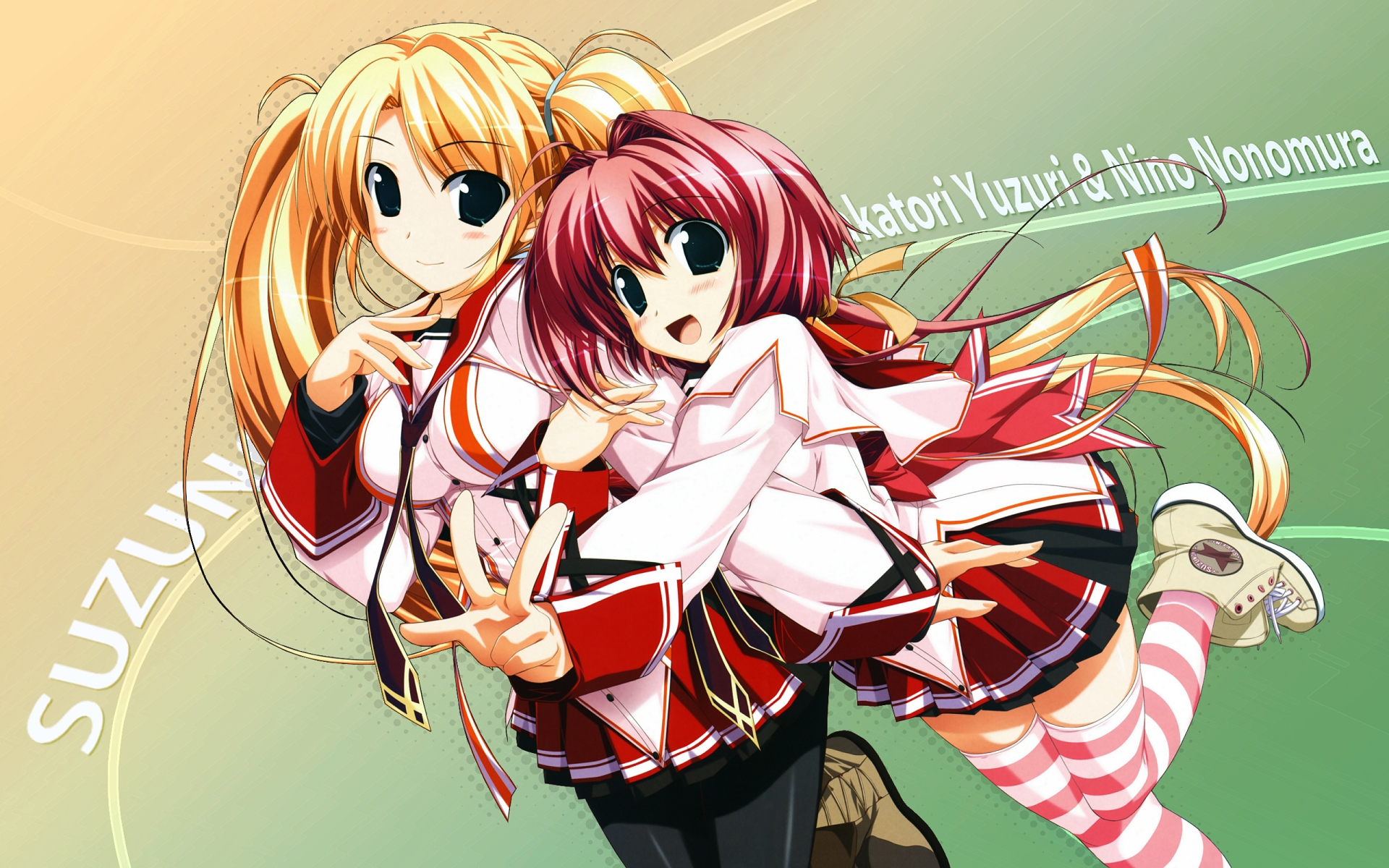 2girls, blush, clochette, nonomura_nino, oshiki_hitoshi, pantyhose, school_uniform, suzunone_seven