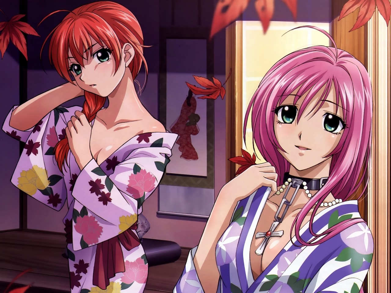 akashiya_moka, collar, green_eyes, long_hair, orange_hair, pink_hair, rosario+vampire, shuzen_kokoa
