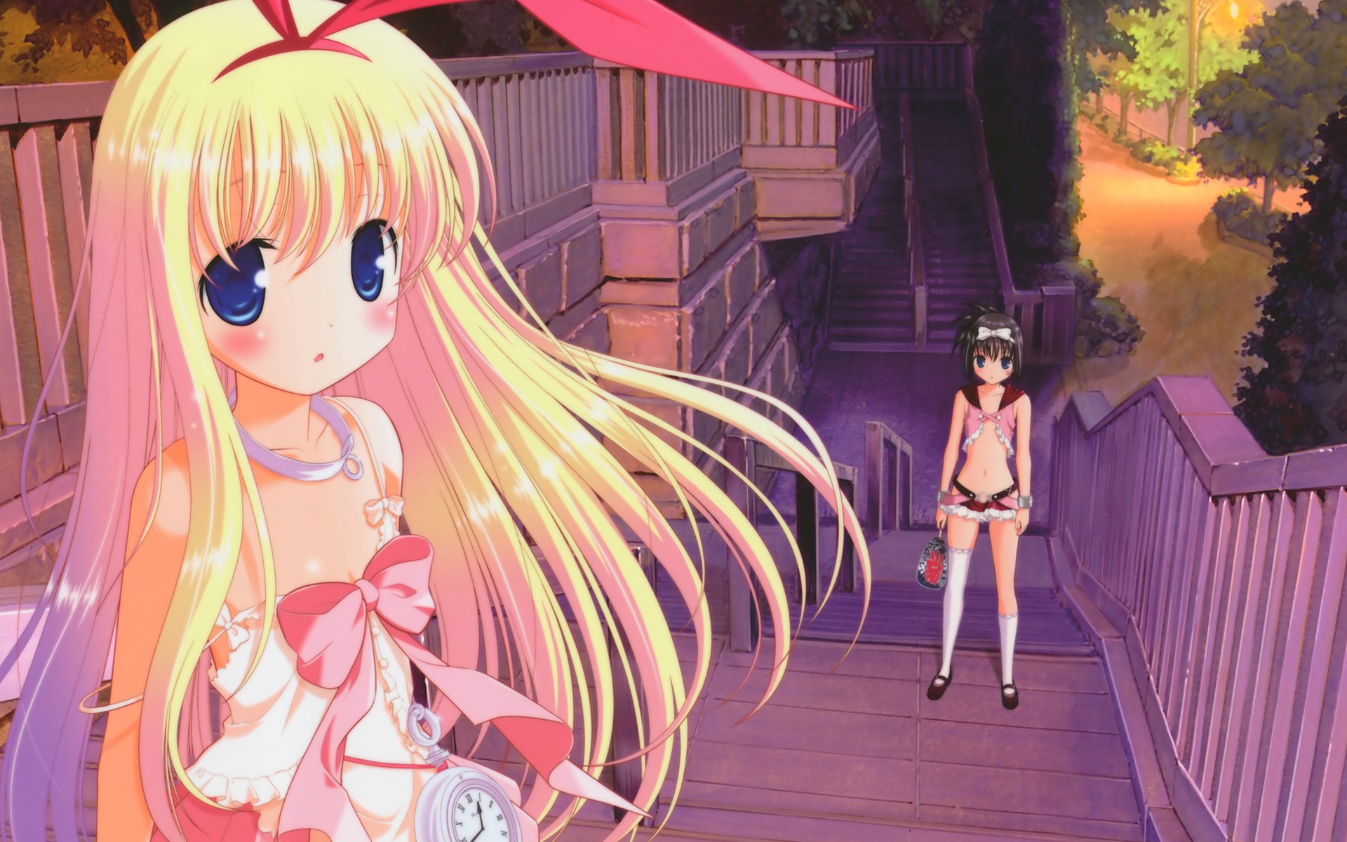 amae_koromo, blonde_hair, blue_eyes, kobayashi_ritz, kunihiro_hajime, saki, stairs