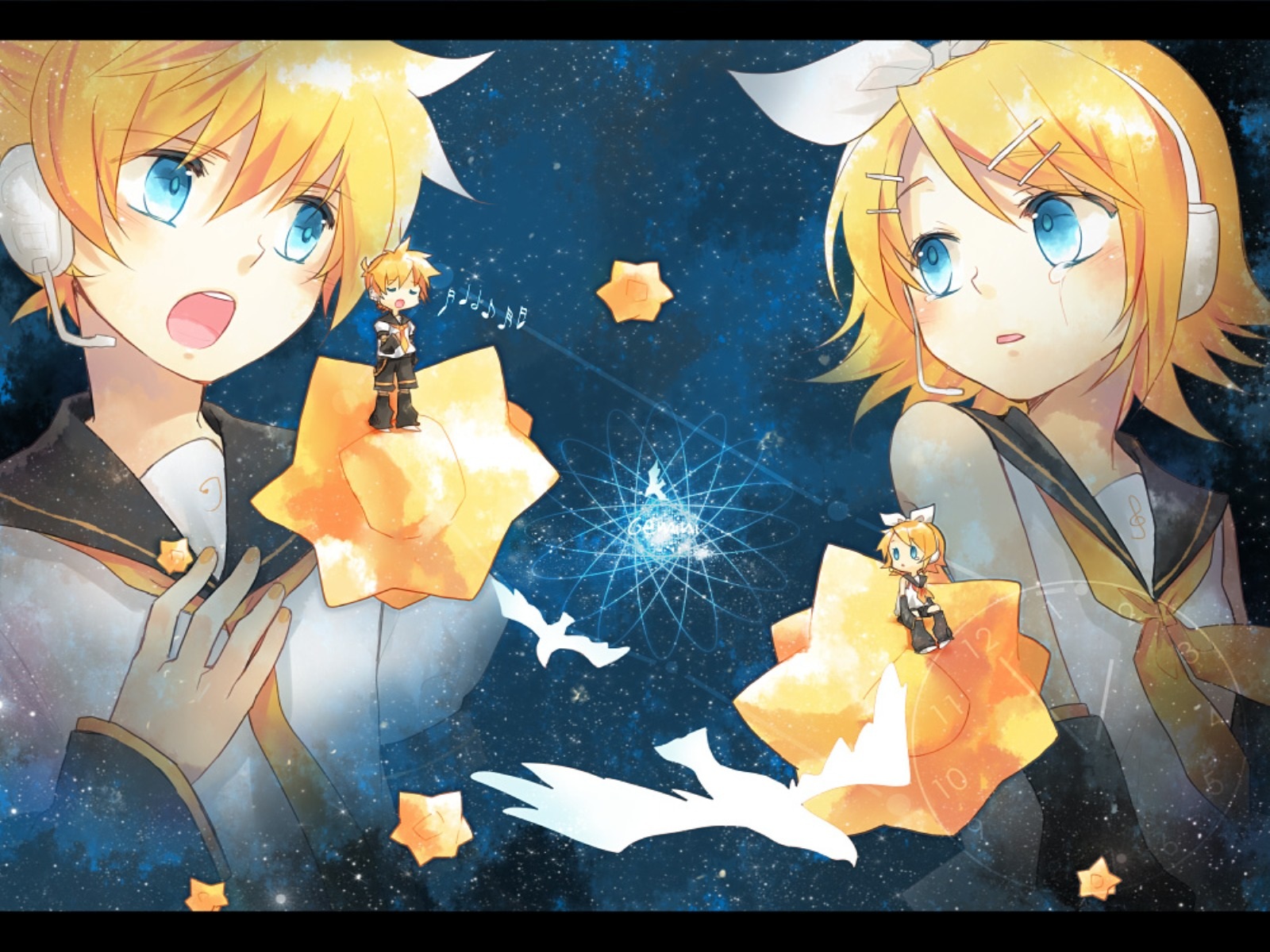 blonde_hair, blue_eyes, chibi, headphones, kagamine_len, kagamine_rin, male, renta_(deja-vu)