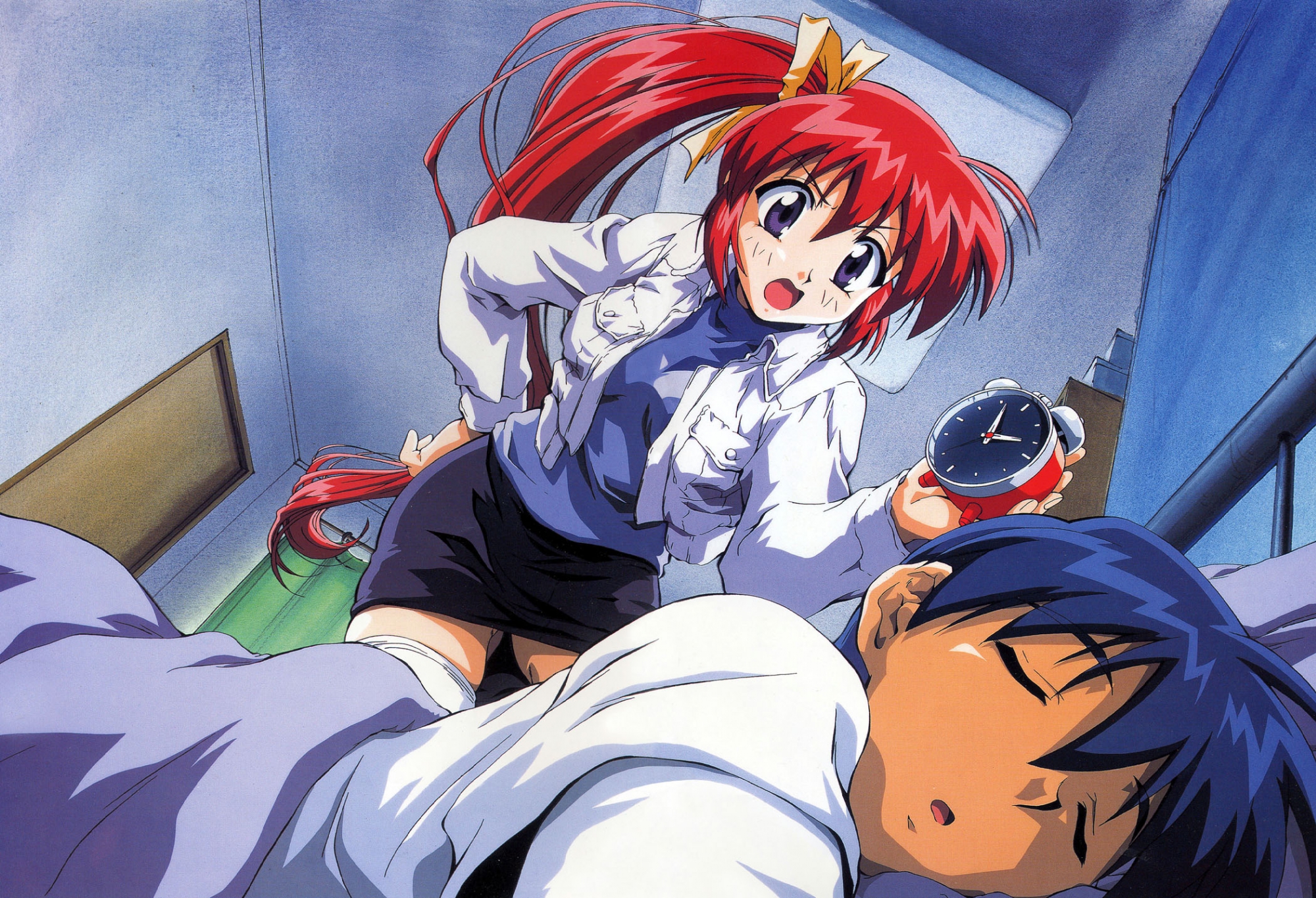 black_hair, comic_party, long_hair, ponytail, purple_eyes, red_hair, sendo_kazuki, short_hair, sleeping, takase_mizuki, thighhighs