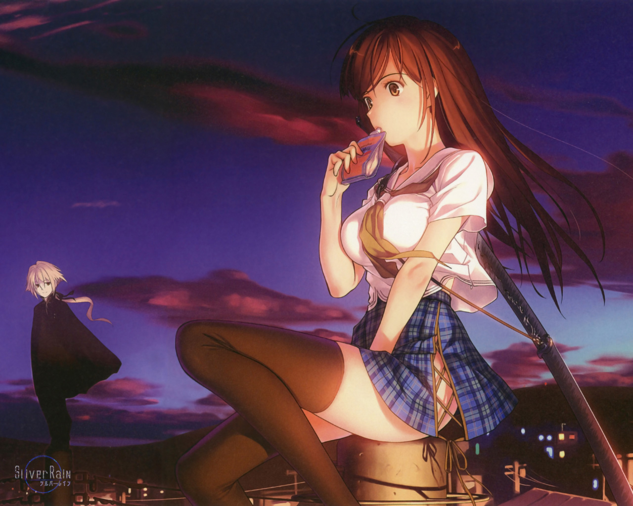 brown_eyes, brown_hair, koyama_hirokazu, long_hair, school_uniform, silver_rain, skirt, sword, thighhighs, type-moon, weapon