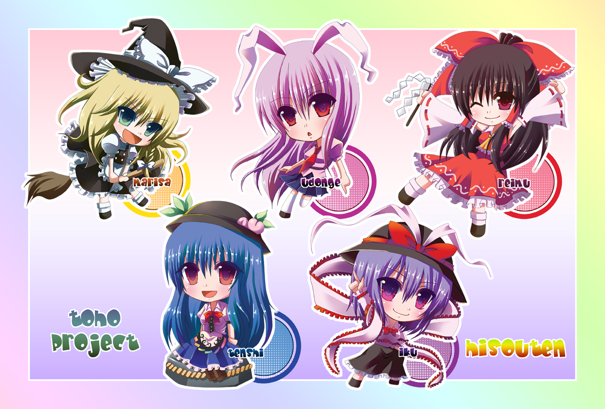 animal_ears, black_hair, blonde_hair, blue_hair, bunny_ears, bunnygirl, chibi, dress