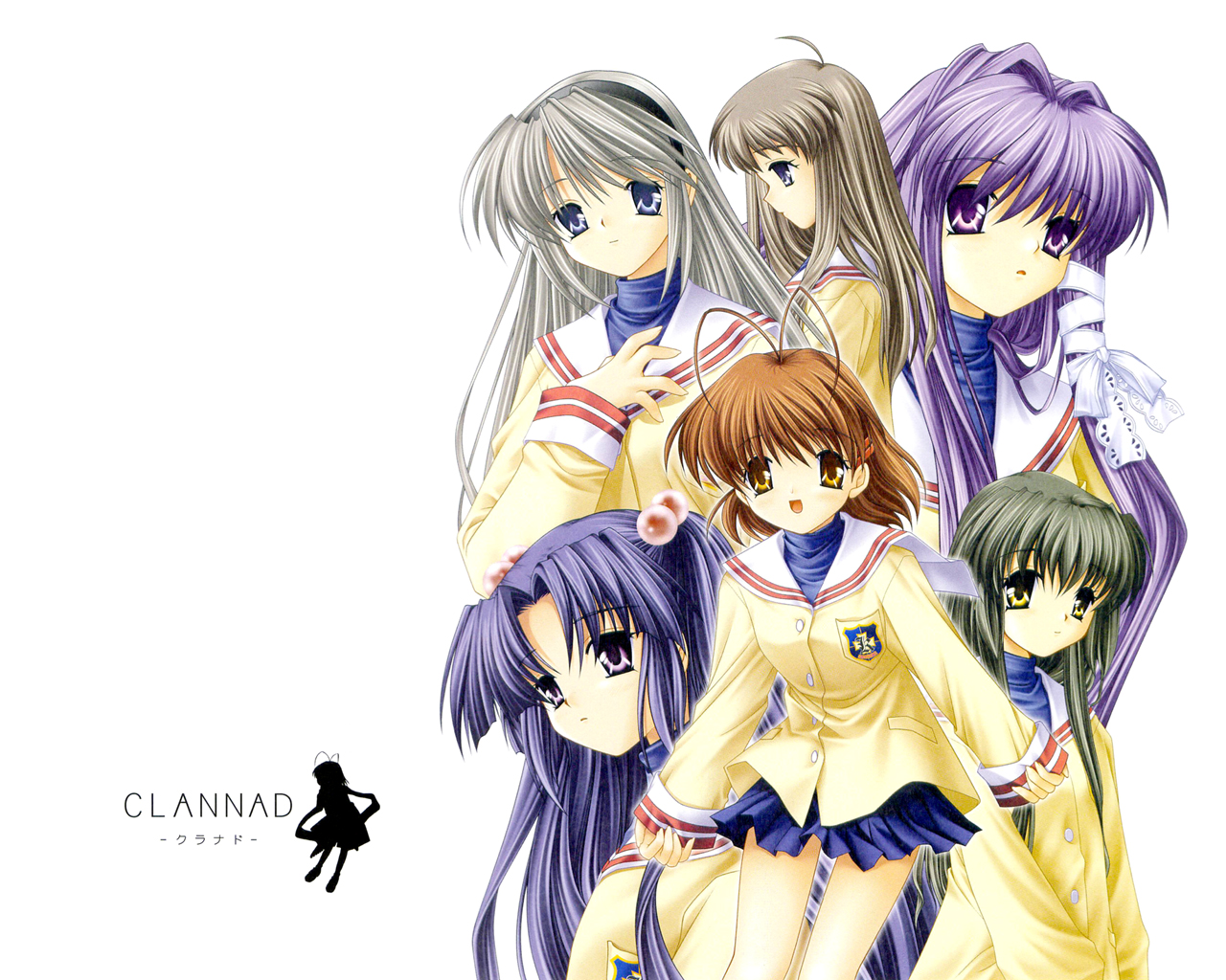 black_hair, blue_eyes, blue_hair, brown_eyes, brown_hair, clannad, fujibayashi_kyou, furukawa_nagisa, gray_hair, headband, ibuki_fuuko, ichinose_kotomi, long_hair, miyazawa_yukine, purple_eyes, purple_hair, ribbons, sakagami_tomoyo, school_uniform, short_hair, white, yellow_eyes