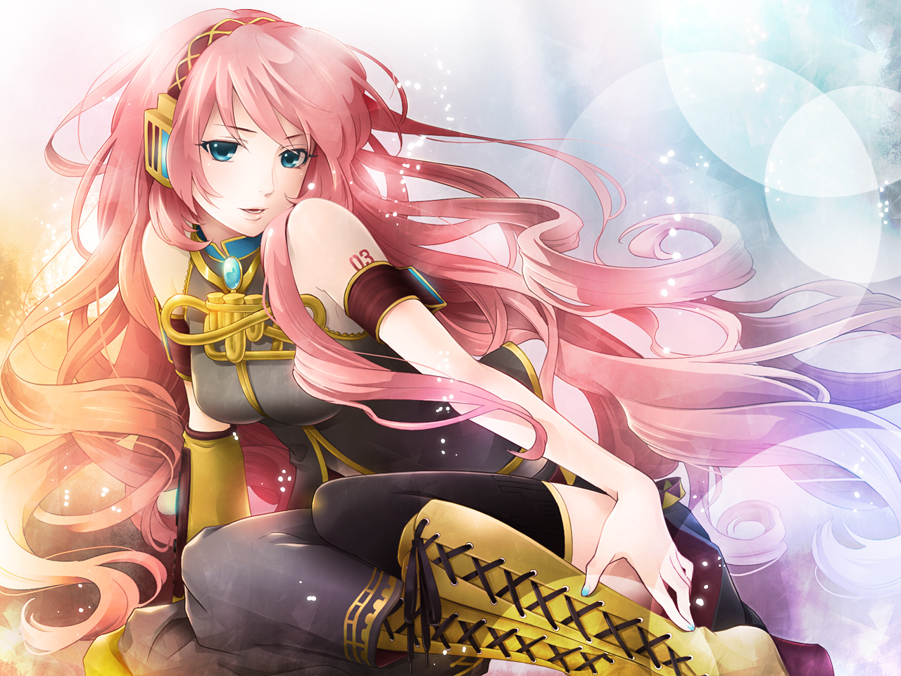 blue_eyes, boots, hima_(ab_gata), long_hair, megurine_luka, pink_hair, thighhighs, vocaloid